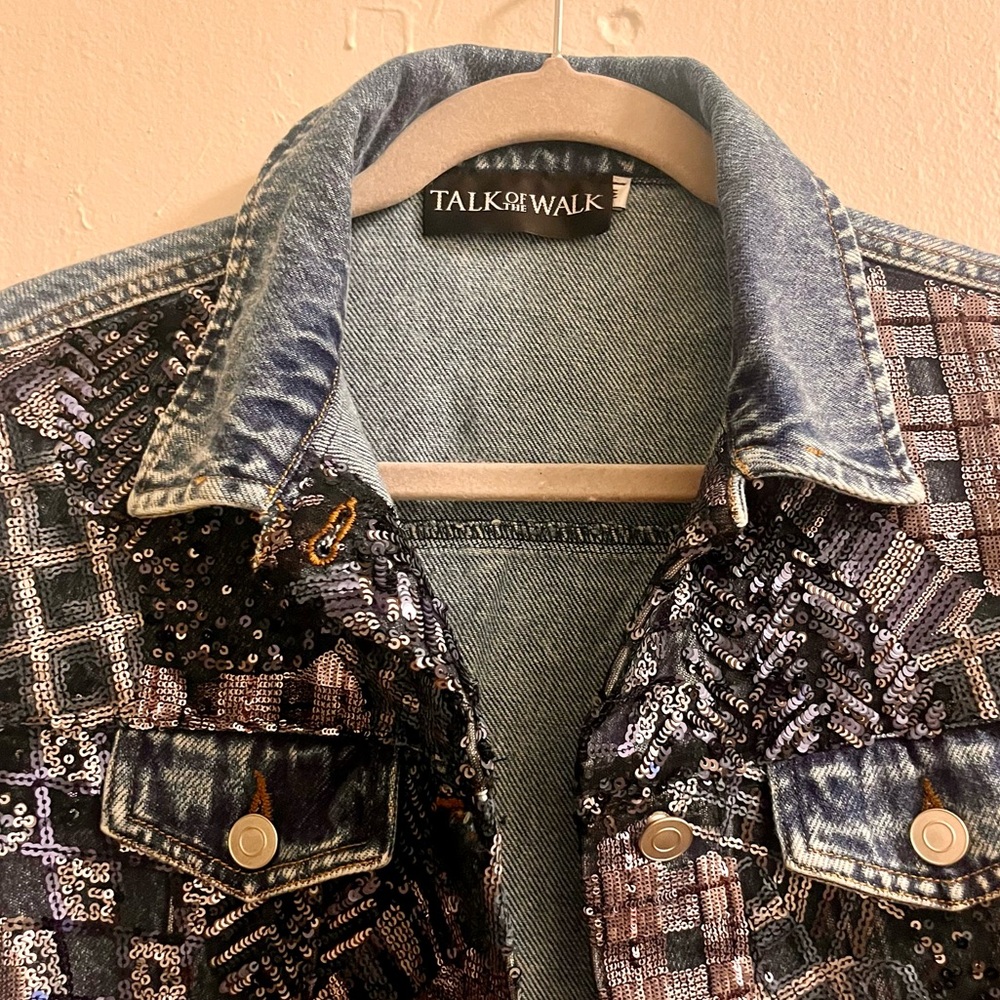 nwt ๐ denim moto jacket with abstract plaid sequins - Picture 5 of 16